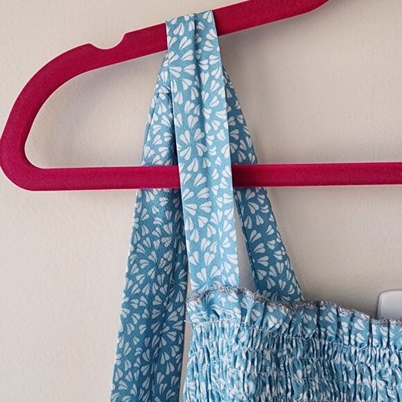 Ditsy Print Smocked Dress | Medium | Light Blue Ruffle Tie Straps Tiered Skirt - Picture 2 of 7